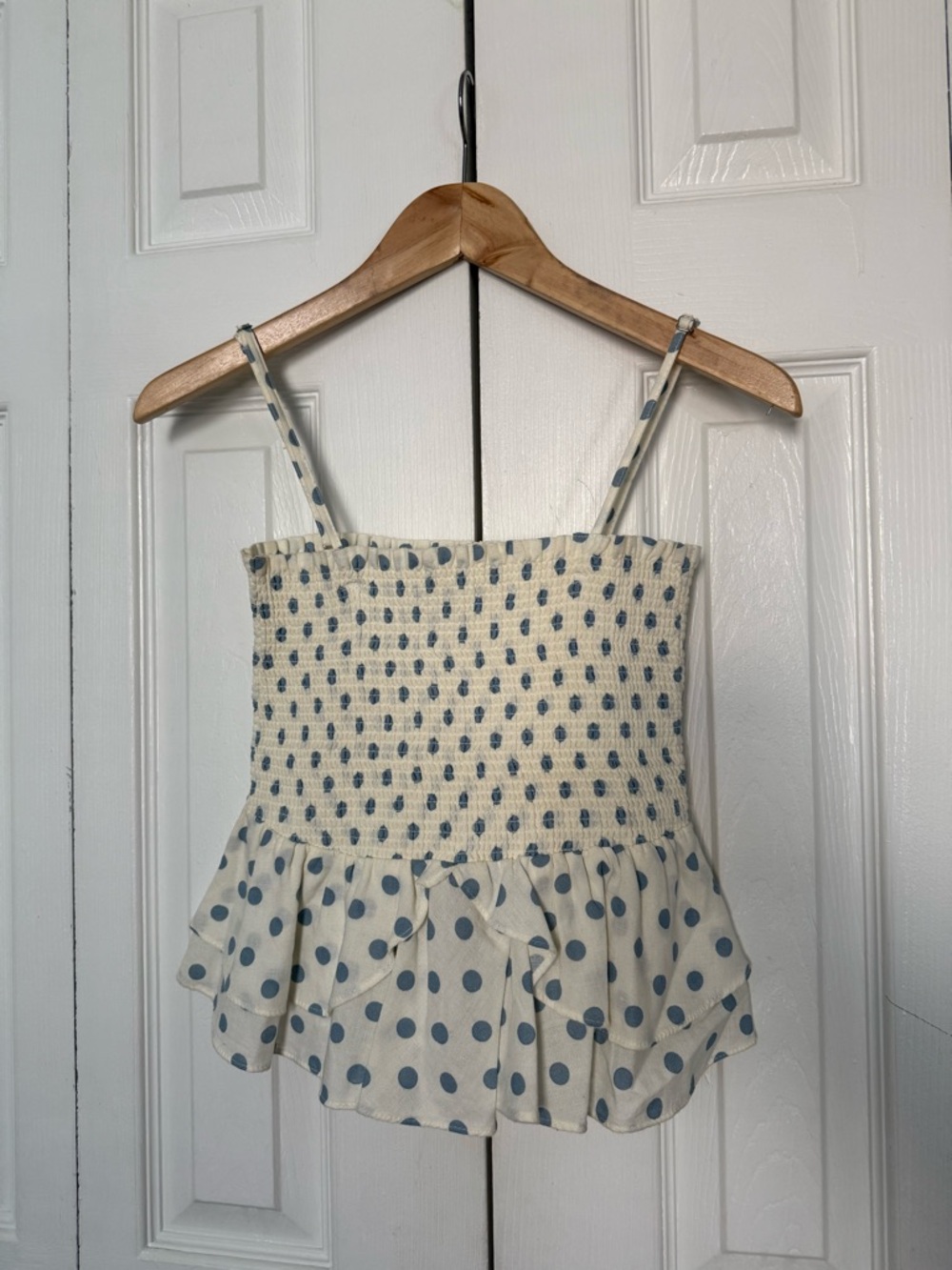 Zara White Smocked Polka Dot Ruffle Cami with Blue Dots